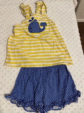 Yellow Striped Whale Tank & Blue Polka Dot Skirt Kids Matching Set